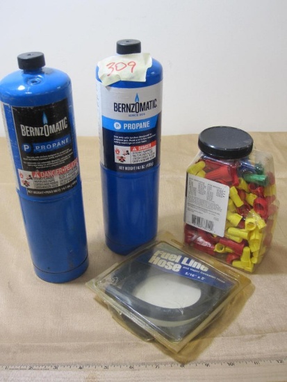 Two propane cylinders, 150 wire nuts, and fuel line hose, 5/16th by 2ft