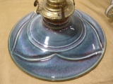 Pottery oil lamp base with 2 signed pottery mugs
