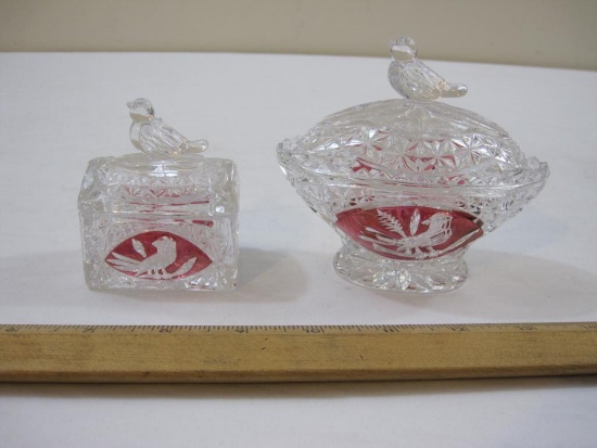 Two Small Covered Ruby Byrdes Crystal Dishes, Hofbauer over 24% lead crystal, 14 oz