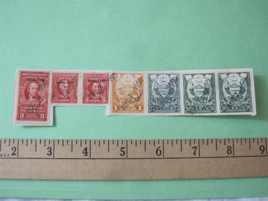 7 Used Tax Stamps, US and Philadelphia, attached to paper