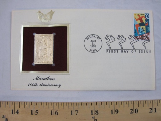 First Day of Issue envelope with 22 kt gold replica of Marathon 100th Anniversary stamp, postmarked