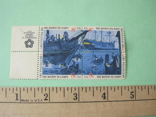 1973 Boston Tea Party Plate Block of 4 8 cent US postage stamps, #1483a