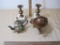 Two Brass Candle Holders with Marble Bases, Globe with Metal Dragon Base and old Teapot/Creamer with