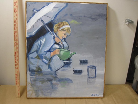 Original Oil Painting, Girl in the Rain, 25 inches by 20 inches