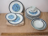 Blue Shasta Dinner plates (14), Oyster White bowls and cup with saucer