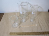 Assorted Labware/Glassware: 5 Beakers, Graduated Cylinder and a Mixing Rod