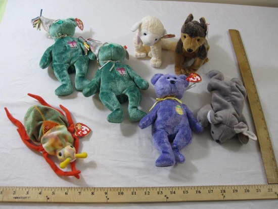 Seven TY Beanie Babies including (2) May Birthday Bear, Eggs III, Sarge, Fleecie, Mel, and Scurry,