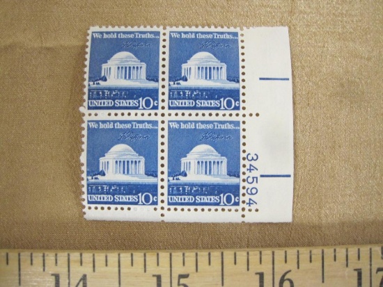 Block of 4 1973 10 cent Jefferson Memorial US postage stamps, #1510