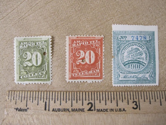 Lot of 2 punched American Rapid Telegraph Telegram stamps (one prepaid, the other collect), plus one