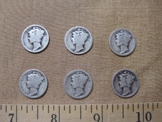 Lot of 6 Silver 1920 Mercury Dimes, 13.9 g