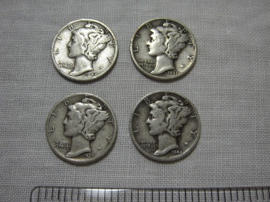 Four Silver Mercury Dimes including 1939D, 1941D, 1942D and 1944D, 9.8 g