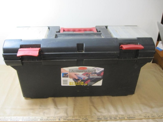 Rubbermaid Tool Box with everything you need for Ice Fishing, Dipper, Polar Tip Ups, poles, shoes