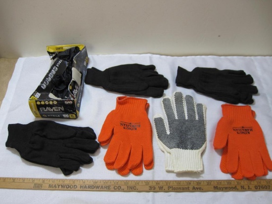 Six Pairs of Fabric Gloves and a partial box of Nirtile XL Gloves