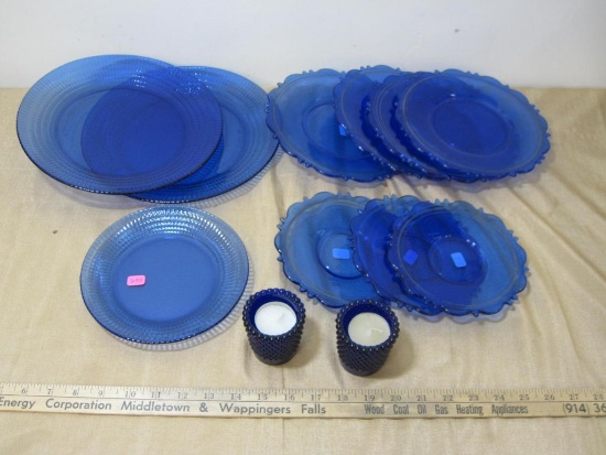 Lot of Cobalt Blue Plates, some with silver inlay. Largest are 10" dinner plates