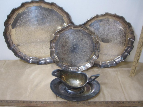Reed and Barton Silver Plate set of three Chippendale Platters and one Gravy Boat