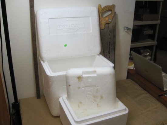Two Styrofoam Coolers and a Miller's Falls No 9008 Handsaw