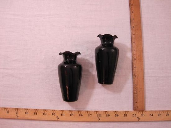 Two Vintage Black Amethyst Glass Vases, one stamped NCJ with Mountains, 5.25" tall, 11 oz