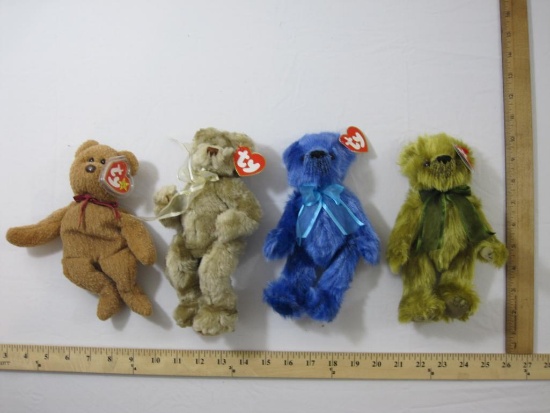 Four TY Collectibles including Poseable Bears River, Fern & Beverly and Curly Beanie Baby, all tags