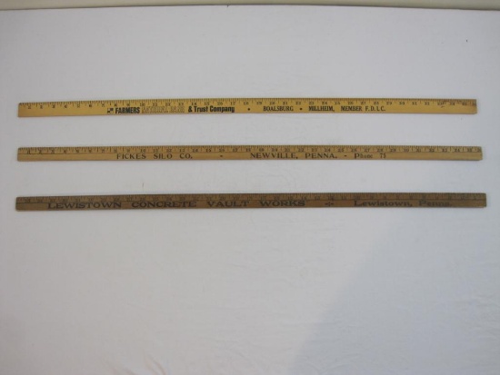 Three Vintage Advertising Yard Sticks including Flicks Silo Co Newville PA, Lewistown Concrete Vault