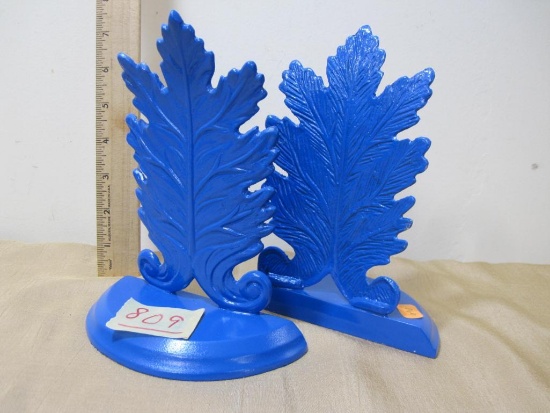 Blue Leaf Metal Bookends, heavy