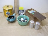 Lot of Kitchen Items, Evangeline Pottery, AshFlash Cemera, Wooden Box of Chalk, vintage Salt and