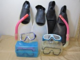 Lot of Kid's Snorkel Equipment, 4 goggles, 2 pairs flippers, 2 snokels