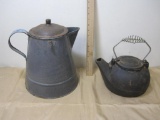 Two teapots, Large Enamel with Lid and Cast Iron with Lid