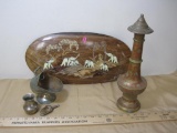 Vintage items including Silverplate Scoops, Brass India item and Wooden Elephant Plaque with inlay