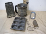 Lot of Vintage Metal Kitchen Tools including Uebel Butter Cutter and Watkins Spice and Flour Sifter