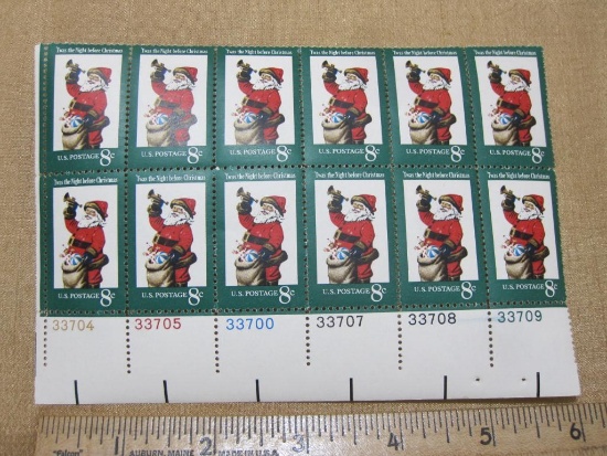 Block of 12 1972 8 cent Santa Claus "Twas the Night Before Christmas" US postage stamps, #1472