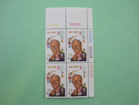 Block of 4 1968 6 cent Walt Disney US postage stamps, #1355