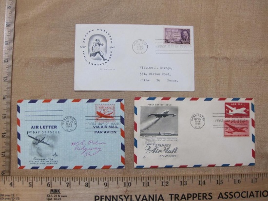 Lot of 3 1940s First Day of Issue Covers: 5 cent Stamped Air Mail Envelope (Sept. 25, 1946, #C-33);