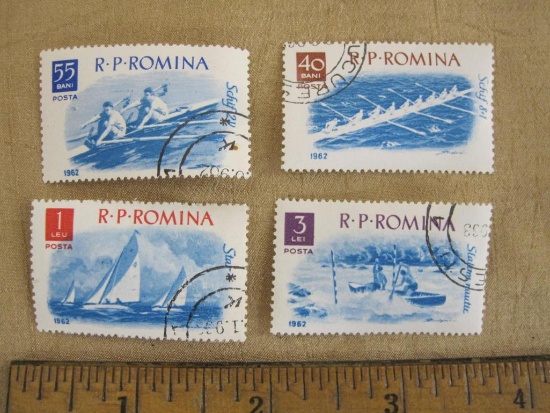 Lot of 4 canceled 1962 Romania Water Sports postage stamps, #s1480-1483.