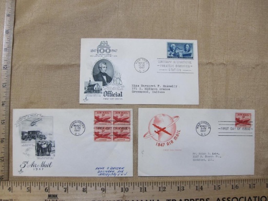 Lot of 3 addressed 1947 First Day of Issue Covers: 3 cent 100th International Philatelic Exhibition