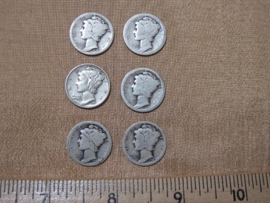 Lot of 6 Mercury Silver Dimes, including 3 1917 and 1 1941, 13.8 g