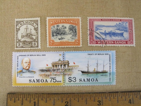 Lot of 6 Samoa and Western Samoa stamps, including a 1944 Western Samoa (Sc 187) and a setenant pair