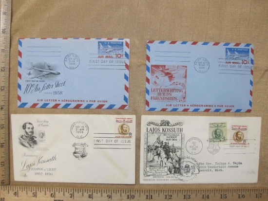 Four 1958 First Day of Issue Stamps including 10-cent Air Letter, American-Hungarian Federation and