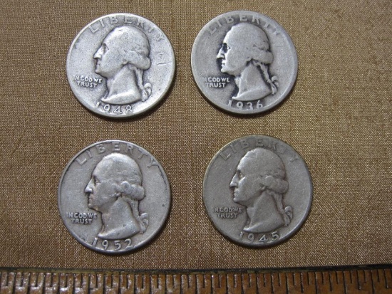 Lot of 4 Silver Washington Quarters: 1936; 1945; 1948-D; 1952. 24.5 g