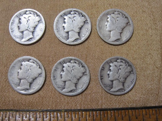 Lot of 6 Silver Mercury Dimes: 1924 (5) and 1925. 13.8 g