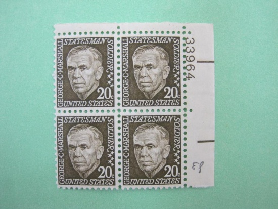 Block of 4 1967 20 cent George C. Marshall Statesman/Soldier US postage stamps, #1289