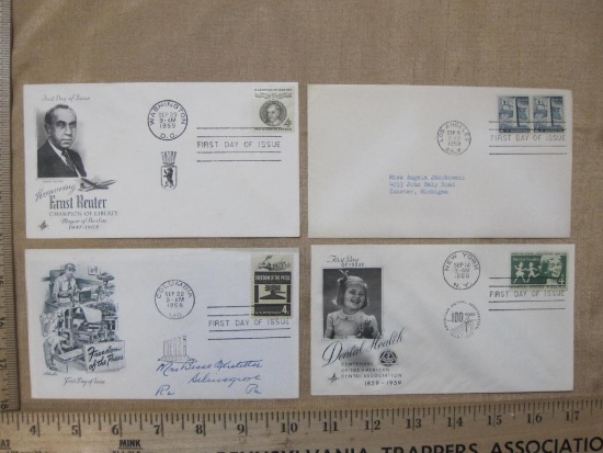 Four 1958-9 First Day Covers including Freedom of the Press, Ernst Reuter, Bunker Hill, and Dental