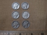 Lot of 6 Mercury Silver Dimes: 1941 (3), 1941-S (2) and 1941-D. 14.7 g