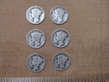 Lot of 6 Mercury Silver Dimes, five of which clearly show the date 1923. 13.9 g