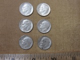 Lot of 6 Silver Roosevelt Dimes: 1947, 1957, 1959-D, 1963-D (2), 1964. 15 g