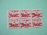 Block of 6 cent 1949 DC-4 Air Mail US postage stamps, #C39a