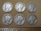 Lot of 6 1923 Silver Mercury Dimes. 13.9 g