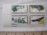 Block of 4 1971 8 cent Wildlife Conservation US postage stamps featuring a trout, alligator, polar