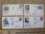 Four First Day Covers from 1958 including Noah Webster, Fort Duquesne, embossed stamped airmail