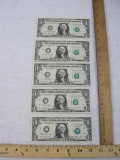 Five Excellent Condition 1977 Sequential One Dollar Bills: C14432194C-C14432198C