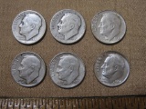 Lot of 6 Silver Roosevelt Dimes: 1946; 1948; 1957; 1958; 1958-D; 1964. 14.8 g